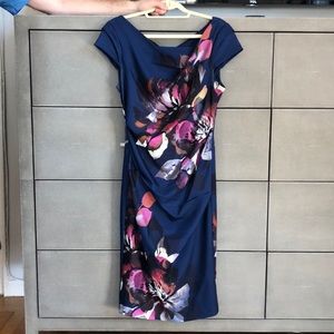 Navy floral midi length dress, ruched bodice, sz 6